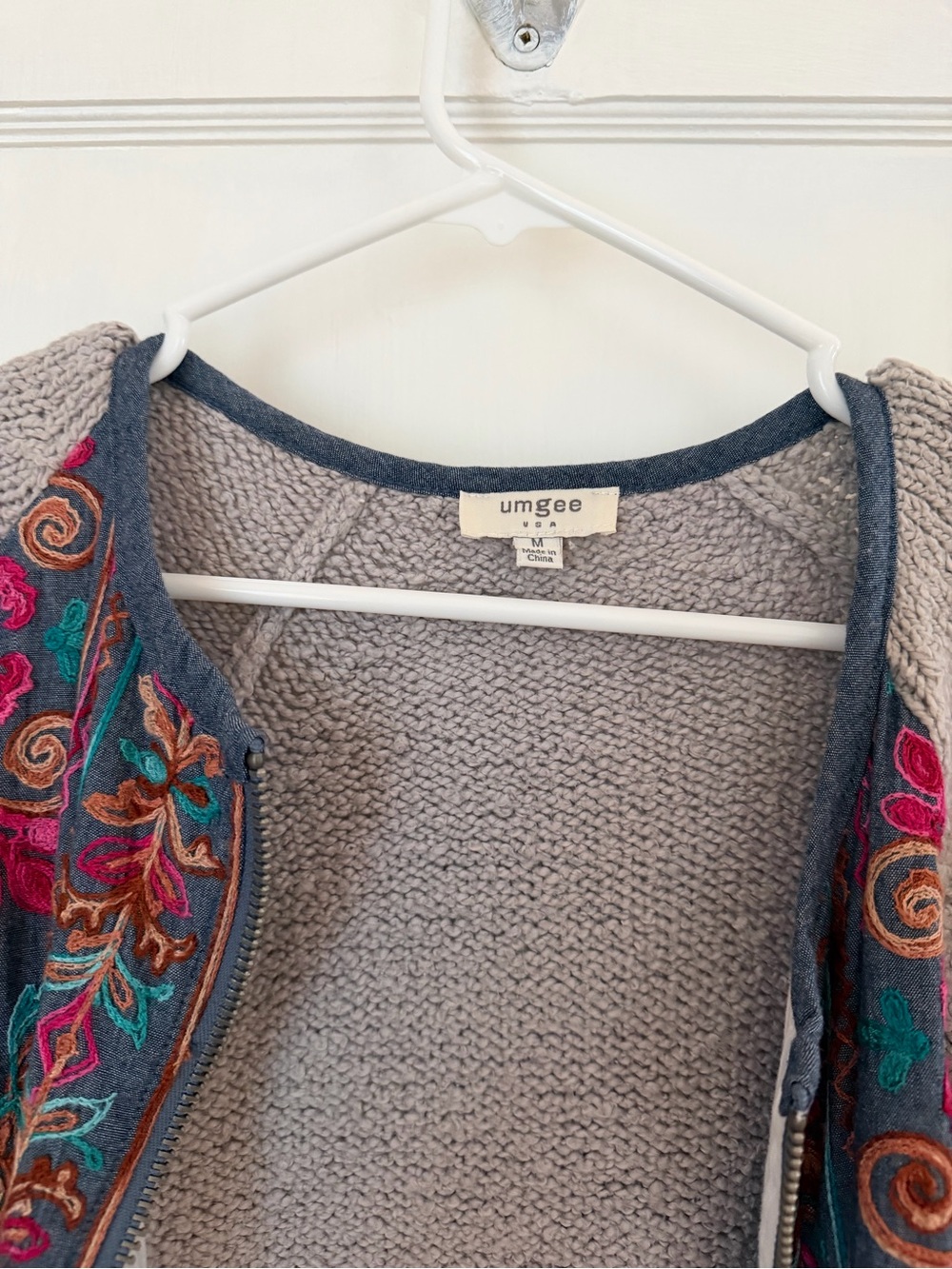 Umgee Gray Cardigan Sweater with Teal and Pink Floral Embroidery - Picture 3 of 5